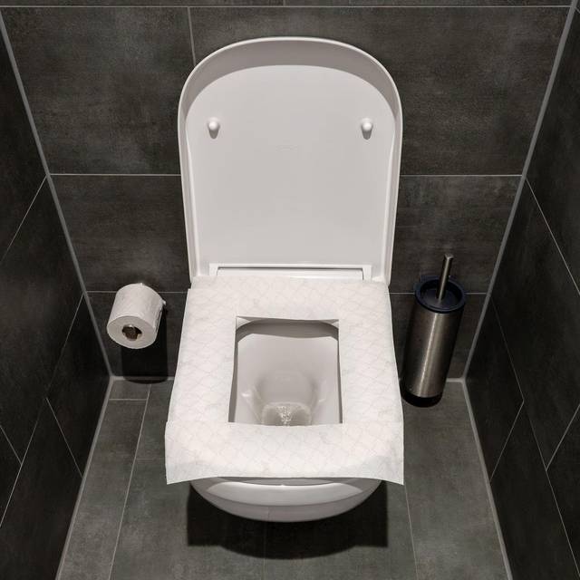 Ein Toilettensitz ist mit Toilettenpapier belegt