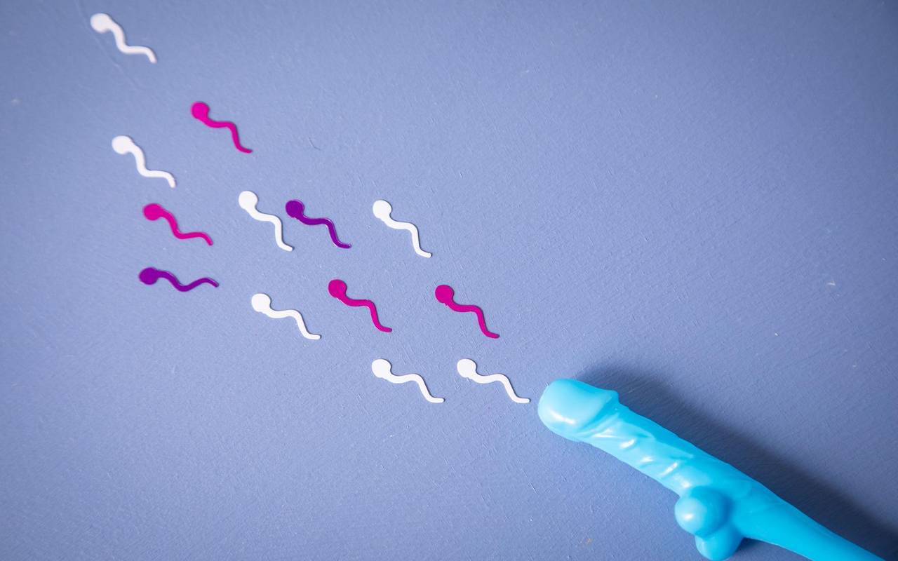 Konfetti in Sperma-Form liegt neben einem Penis-Strohhalm