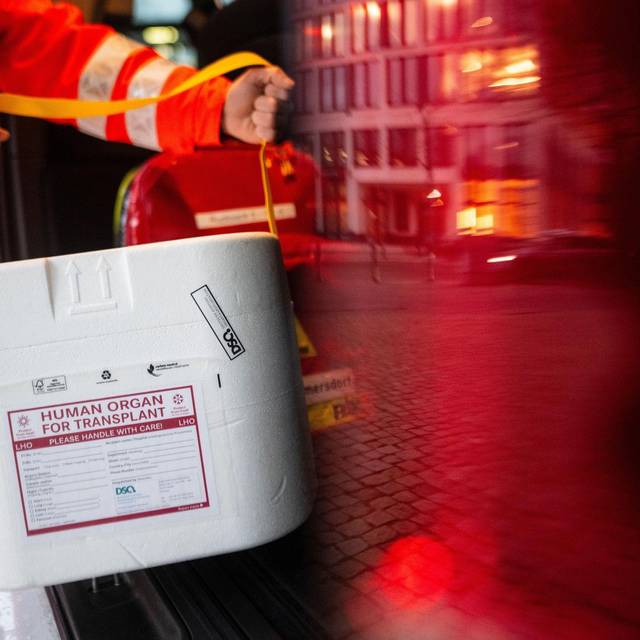 Mitarbeiter des DRK stellt Kühlbox für eine Organspende in Auto