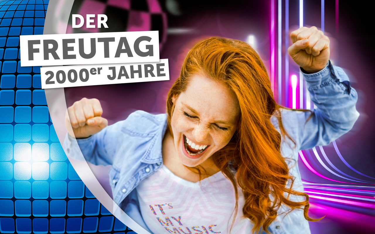 Die neue Musikaktion bei uns im Programm - als Grafik. Jubelnde Frau mit Blick nach unten und dem Claim: Der Freutag - 2000er Jahre