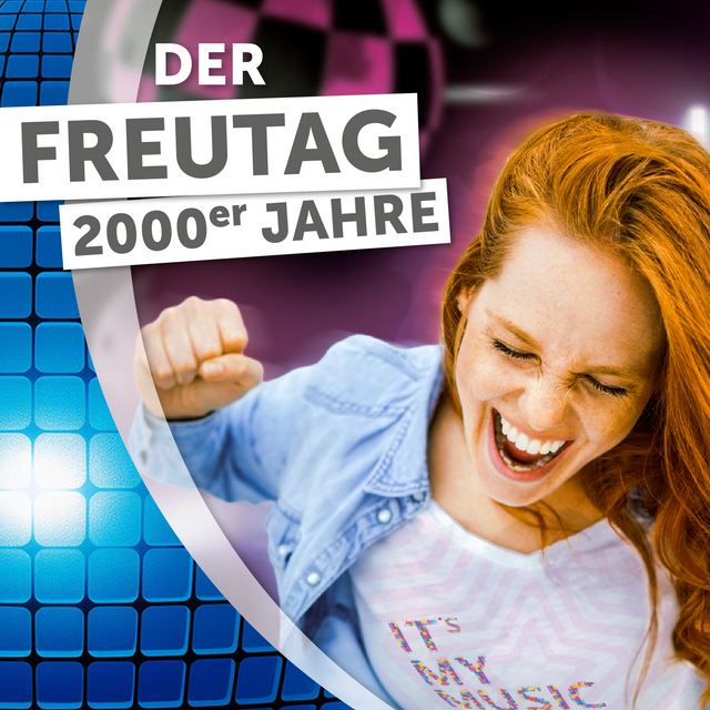 Die neue Musikaktion bei uns im Programm - als Grafik. Jubelnde Frau mit Blick nach unten und dem Claim: Der Freutag - 2000er Jahre